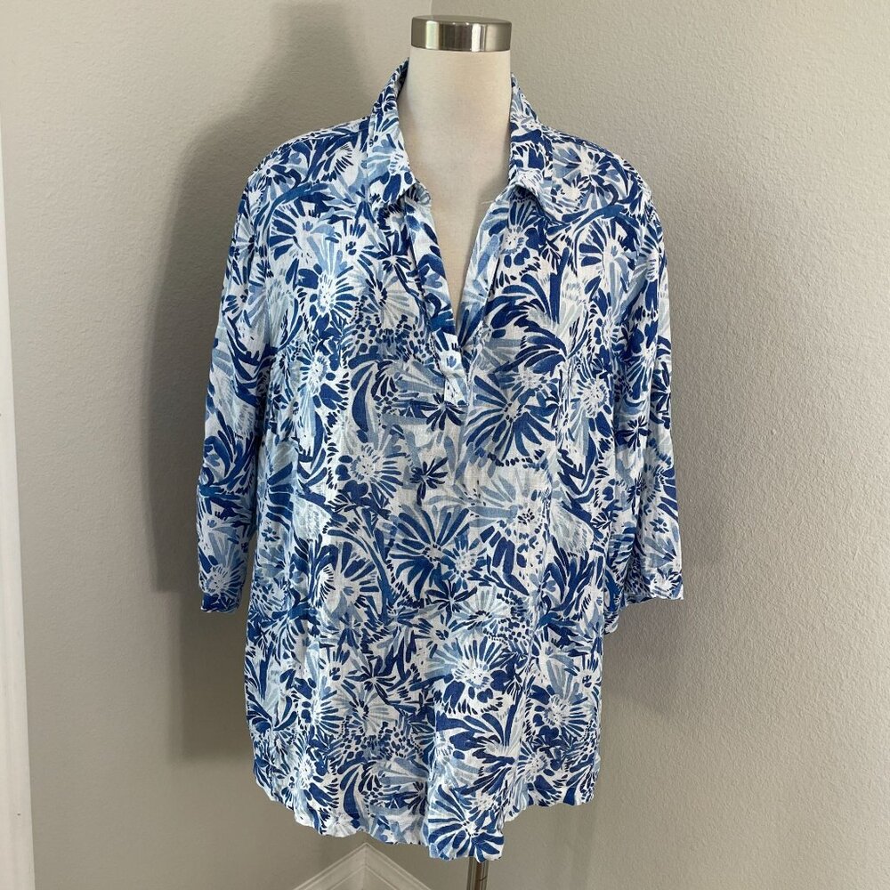 Cynthia‎ Rowley Womens Plus 2X Blue White Floral 100% Linen Button Up Shirt